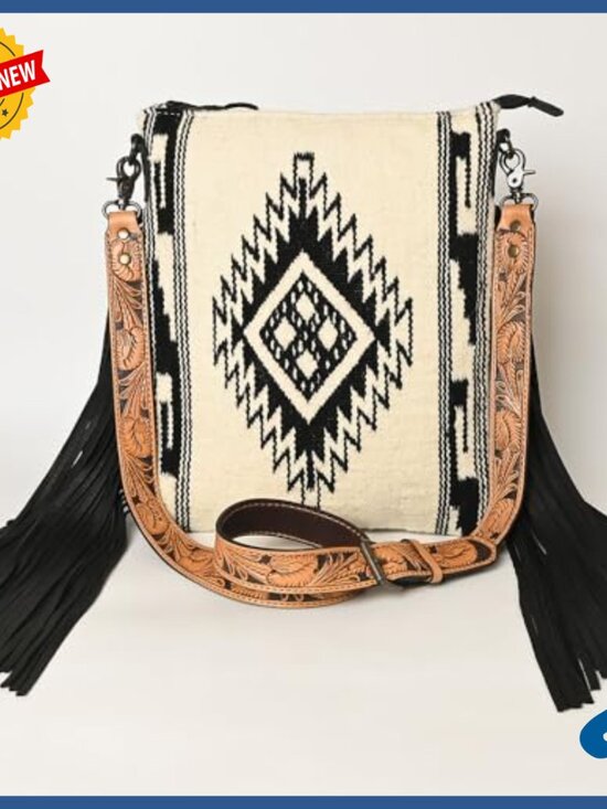 Large Crossbody Bag with Hand Tooled Floral Leather and Woven Saddle Blanket - Picture 4 of 4